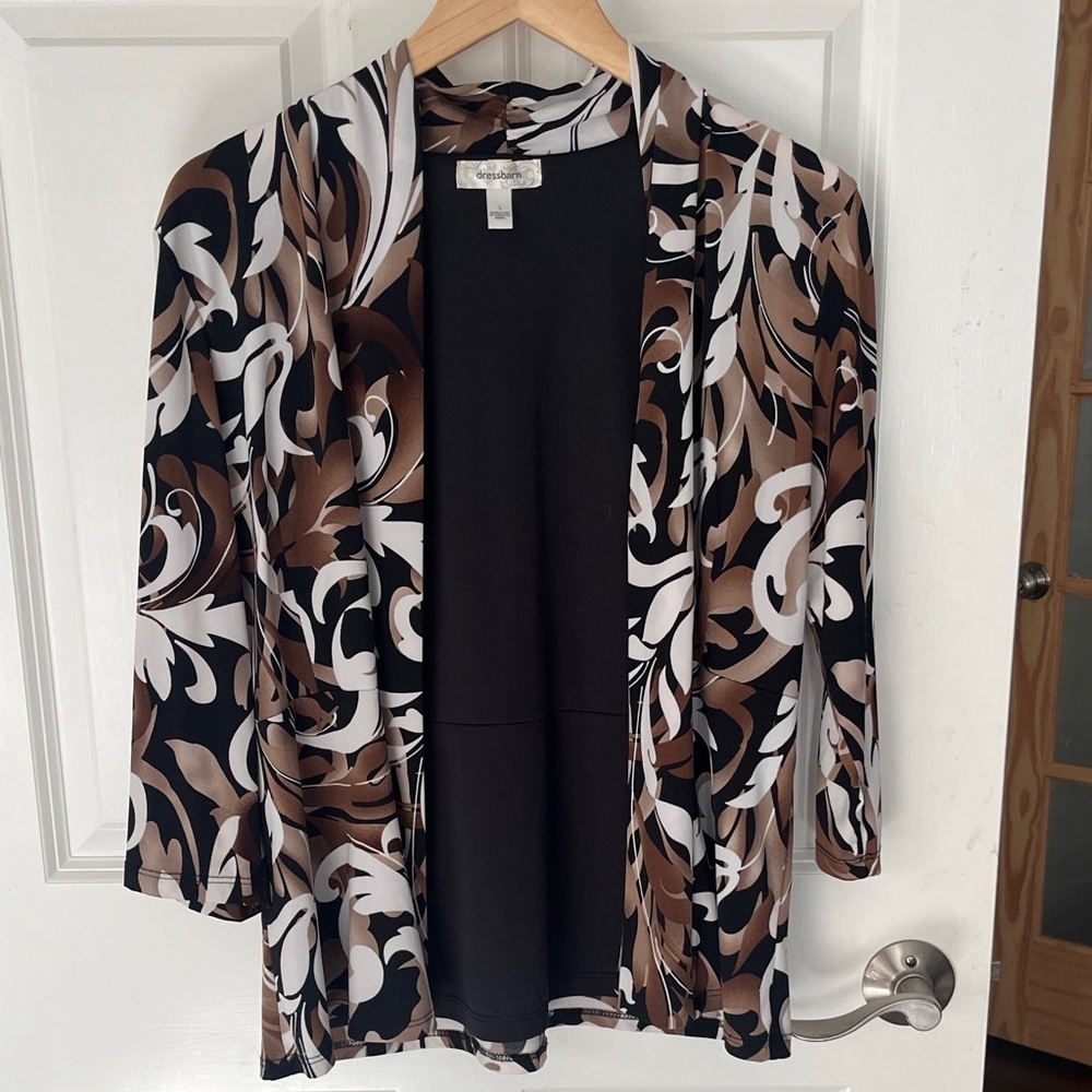 Dress Barn Black, Brown Floral Open front 3/4 Sleeve Cardigan Sz Large